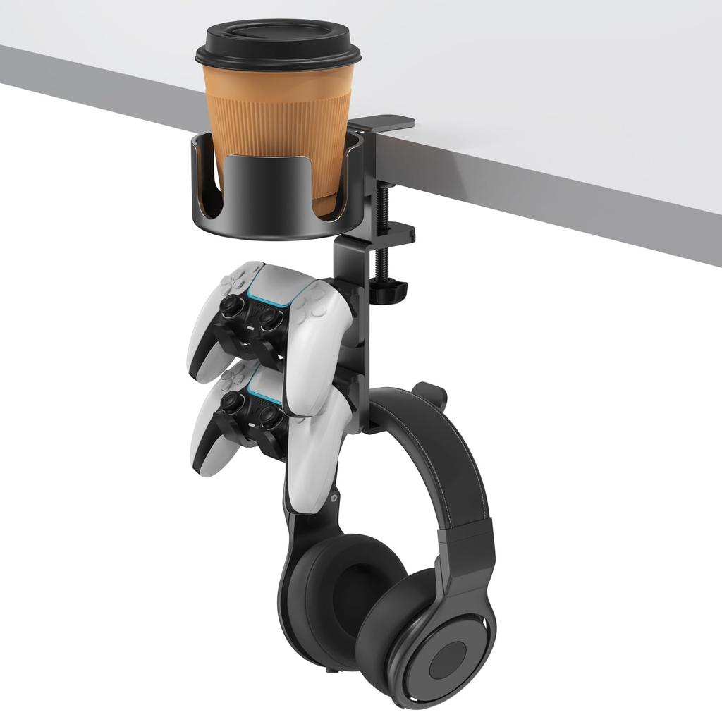 Aceyoon Desk Headphone Stand with Multifunctional Headphone Handle and Water Sturdy Table Edge Desk Headset Small Item Headphone Black 3-in-1 Cup,