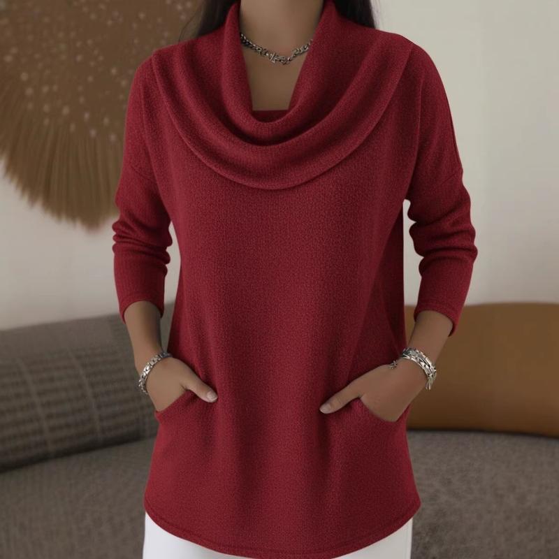 Women's Cowl Neck Loose Fit Knit Top with Pockets Casual Long Sleeve Caramel Blouse
