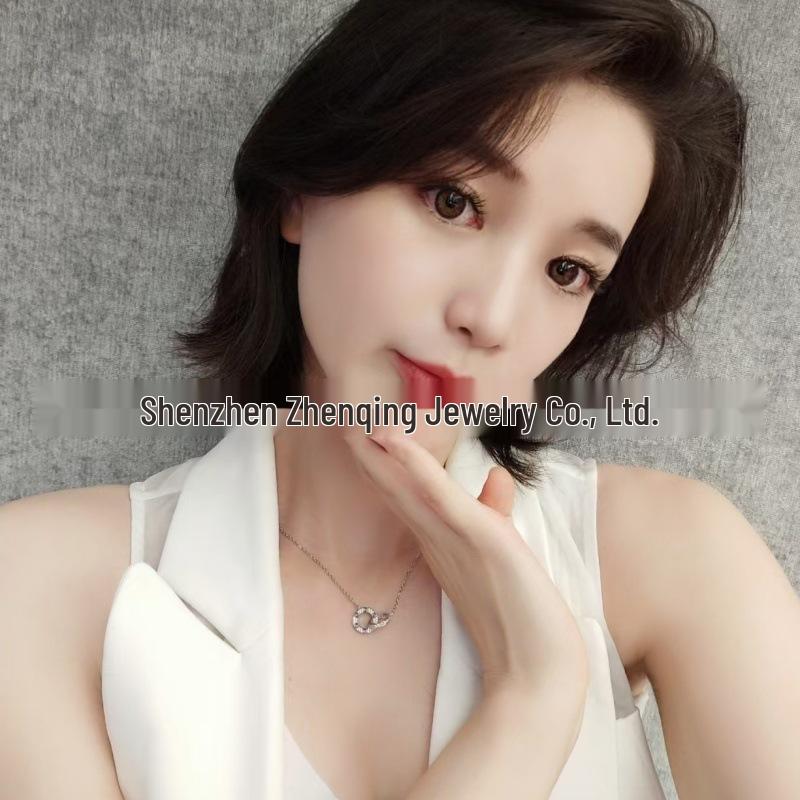 925 Sterling Silver LOVE Double Ring Necklace with Full Diamond Round Disc and Geometric Clavicle Chain