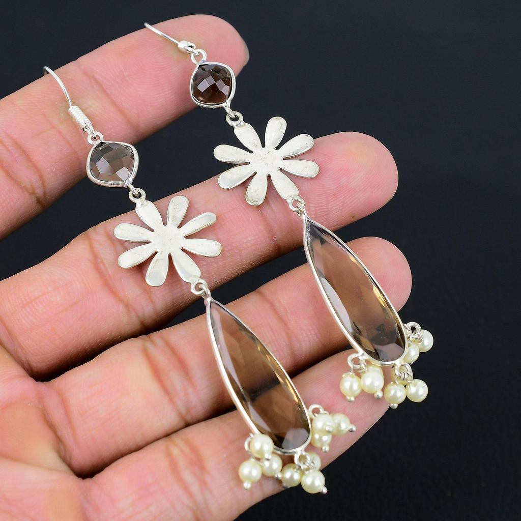 925 Silver Smokey Quartz Gemstone New Dangle Mother Root Chakra Wedding Earrings