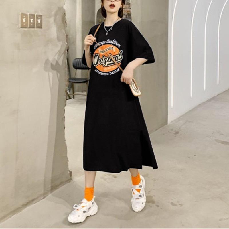 

Футболки для женщин, летние повседневные длинные юбки, платья с короткими рукавами и разрезом, базовые рубашки средней длины, топы 2XL чёрный