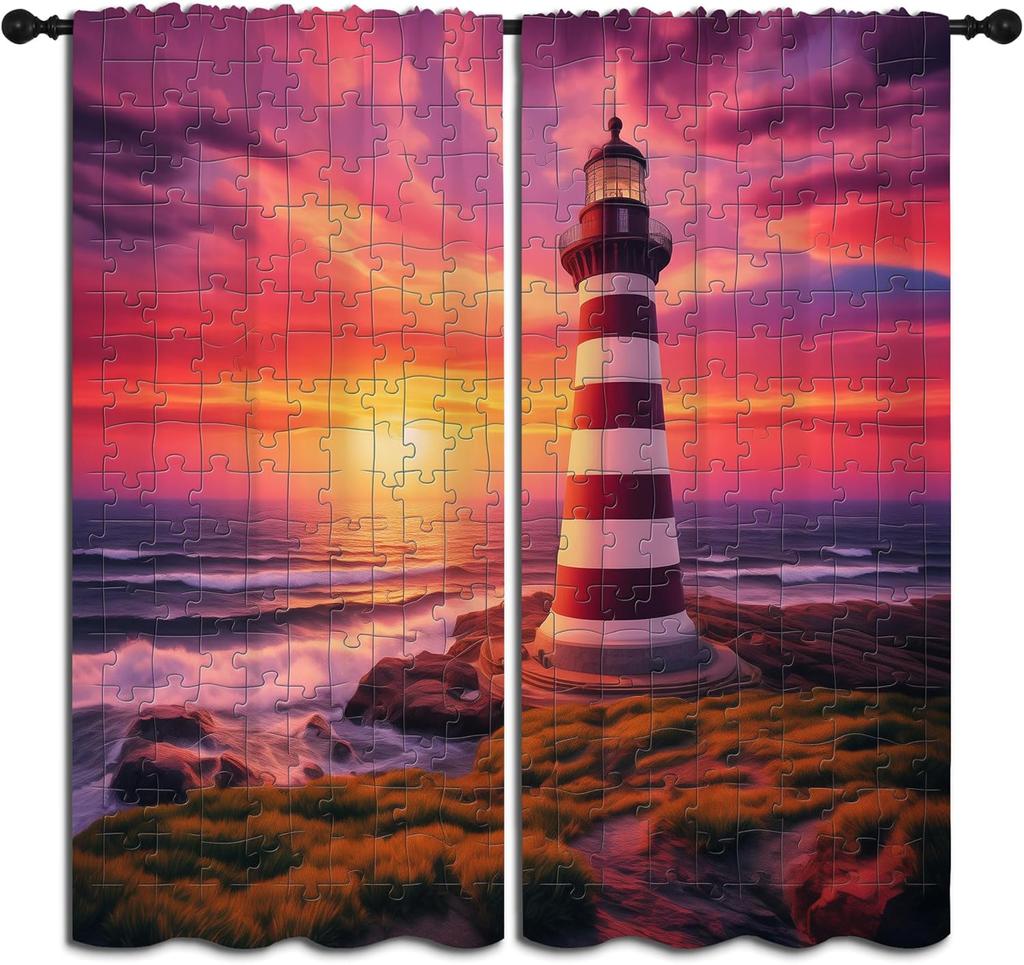 Nautical Lighthouse Rod Pocket Blackout Curta For Boy Girl Bedroom, Waves Seagull Blue Watercolor Art Thermal Insulated Home