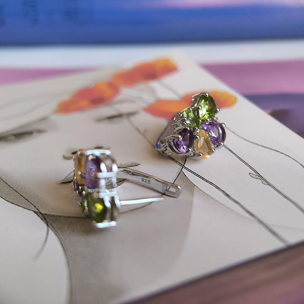 Серебряные серьги с натуральным аметистом, хризолітом, цитрином (2183327)
