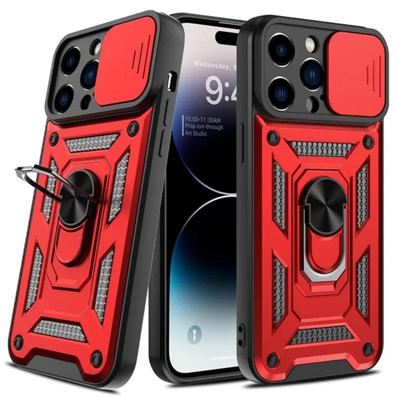 Luxus stoßfeste Slide Armor Ring Handyhülle für iPhone 15 14 13 12 11 Pro Max X XR XS Max 7 8 15 Plus Objektivschutz Ständerhalter Harte PC Rückseite