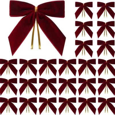 24PCS Small Red Velvet Christmas Bows Rustic Textured Christmas Tree Bows with Cable Tie Gift Wrap Bow Wreath
