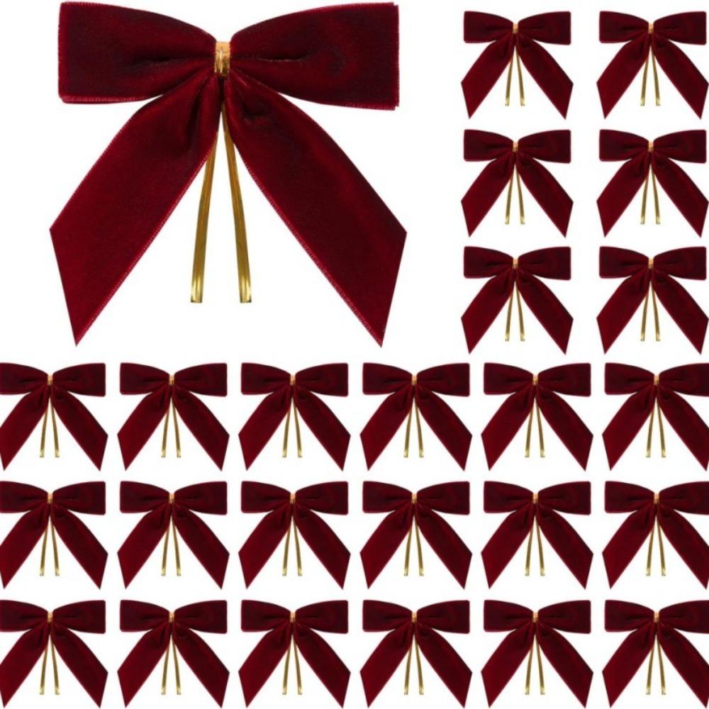 24PCS Small Red Velvet Christmas Bows Rustic Garland Ornament Home Decoration Gift Wrap Bow  Wreath