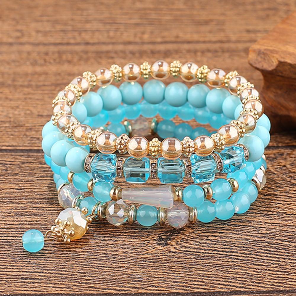 DIEZI Korean Ethnic Bohemian Crystal Beads Leaves Charm Bracelets For Women Girls Elastic Rope Wrap Bracelet Pulseira Feminina