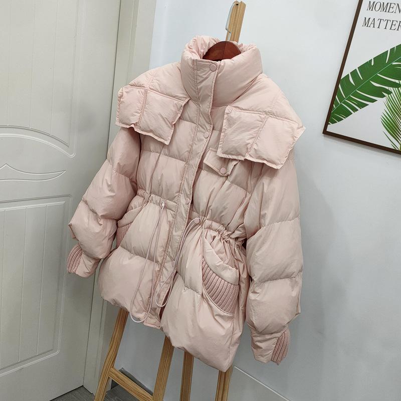 New Down Jacket Women's Medium and Long Waist Fashion Personalized Pocket Shawl Stand-up Collar Knitted Splicing Jacket Tide
