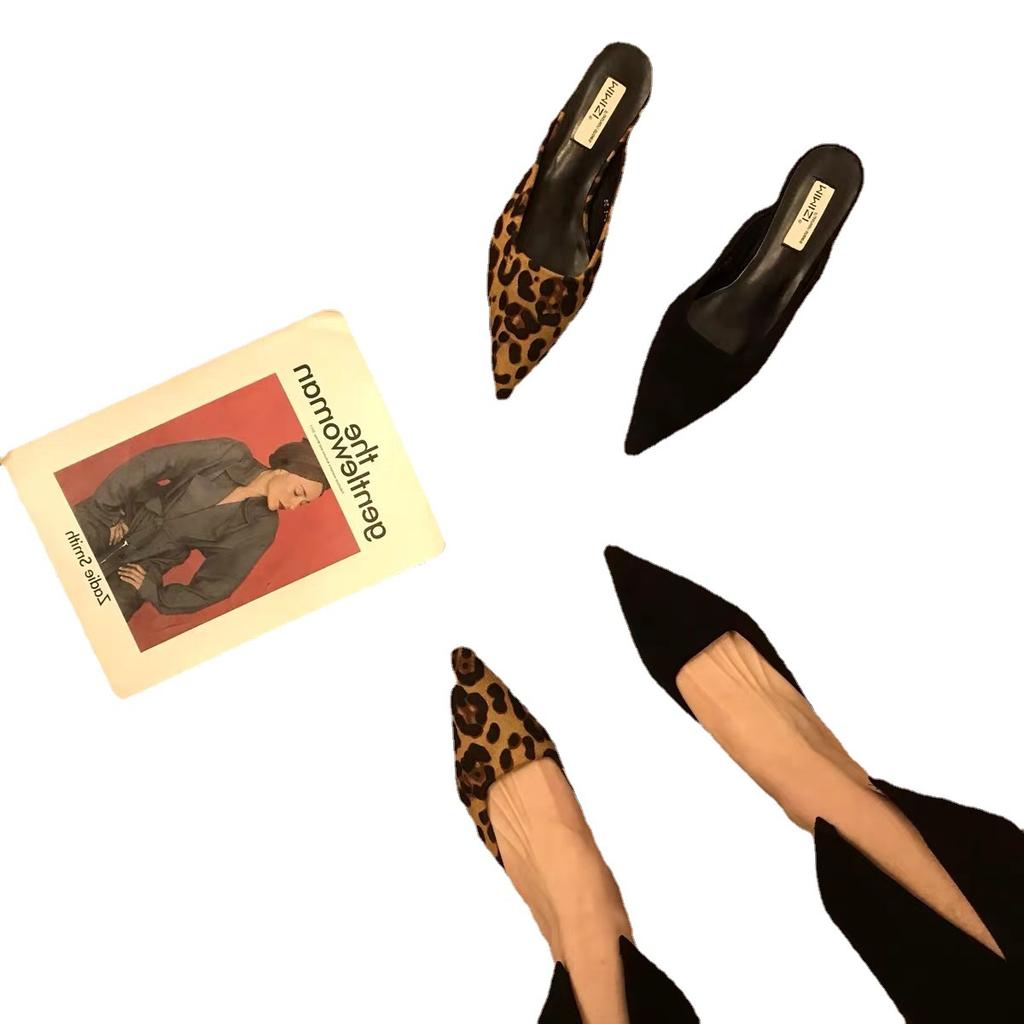 Fashion Pointed Toe Leopard Slippers Women Low Kitten Heel Flock Summer Slides Shoes Sexy Leopard Sandals Slingback Pumps Slippers Women