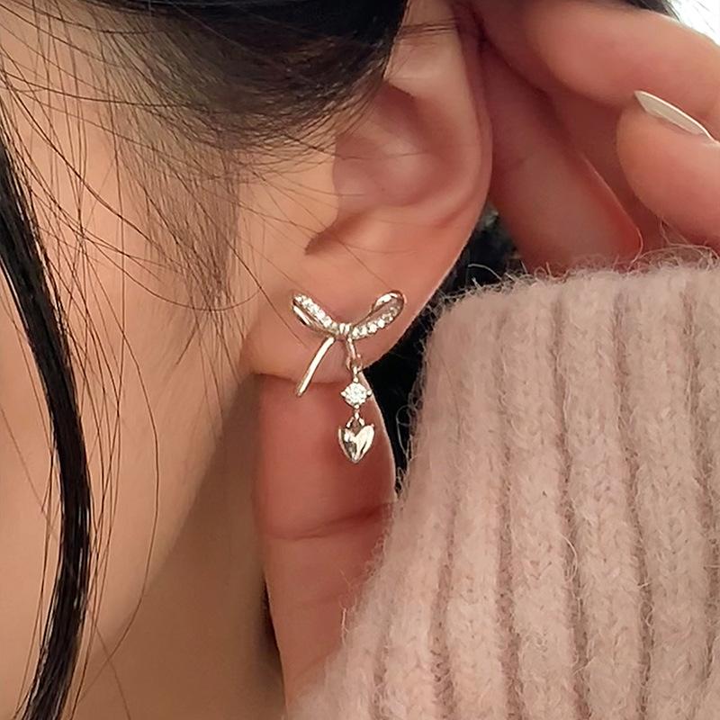 ANENJERY Bowknot Heart Zircon Pendant Earrings for Women Sweet French Delicate Luxury Design Simple Jewelry Gifts Wholesale