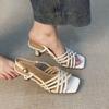 Fashion Cross Straight Strap Combination Stiletto Sandals Women's Square Toe Open Toe One Strap Anti-Slip Wear-Resistant High Heels