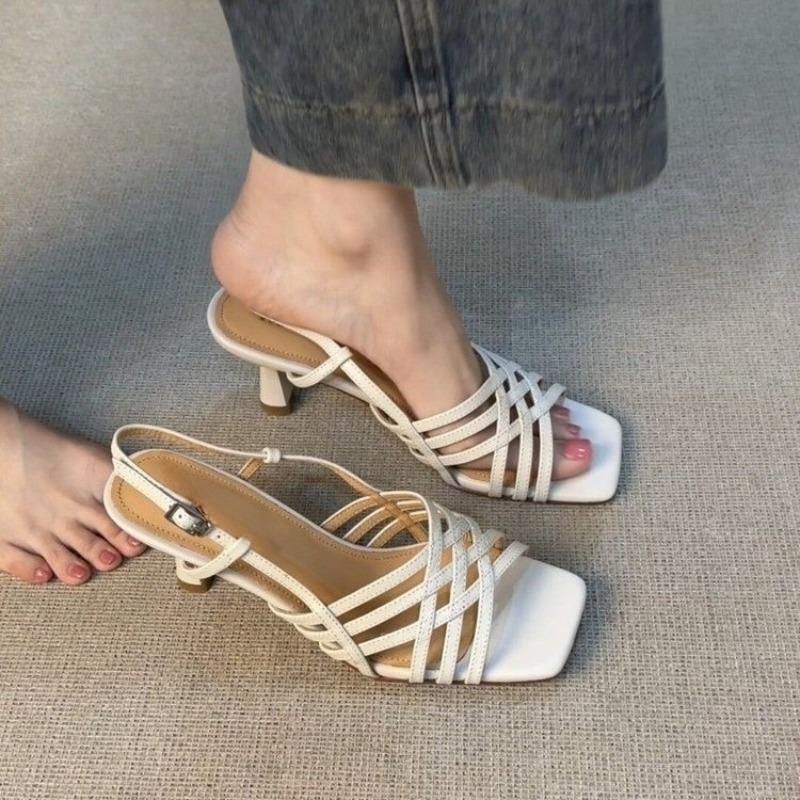 Fashion Cross Straight Strap Combination Stiletto Sandals Women's Square Toe Open Toe One Strap Anti-Slip Wear-Resistant High Heels