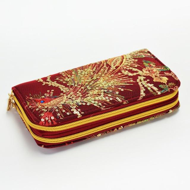 Women Wallet Long Zipper Coin Purse Designers Luxury Handmade Embroidery Peacock Retro Clutch Wallet Female for Teenager Girl