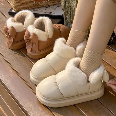 Niedliche Warme Flauschige Hausschuhe Winter Damen Indoor Weiche Plüsch Schleife Baumwollschuhe 2024 Neu Daunentuch Kurzer Schaft Mädchen Schneestiefel
