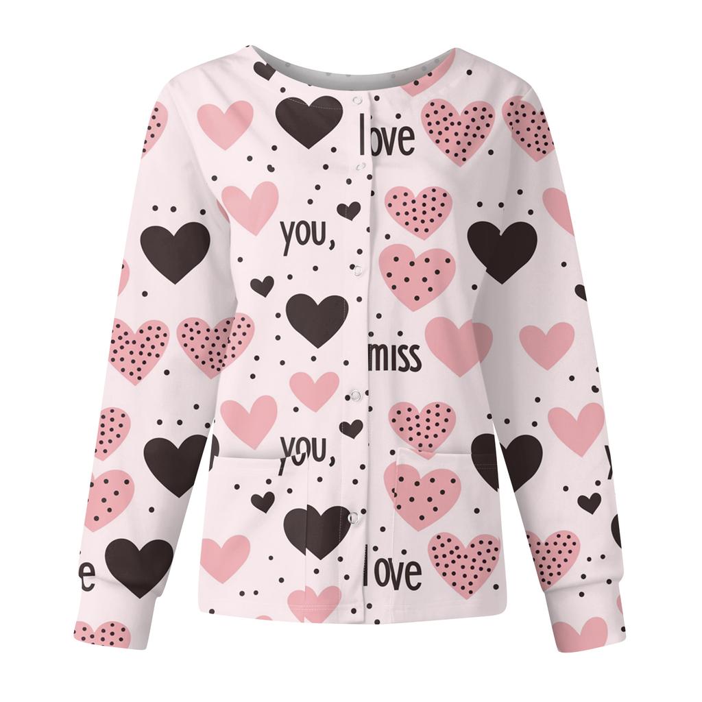 Women's Casual Fashion Long Sleeve Standing Collar Single Breasted Valentine's Day Print Workwear Jacket Tops