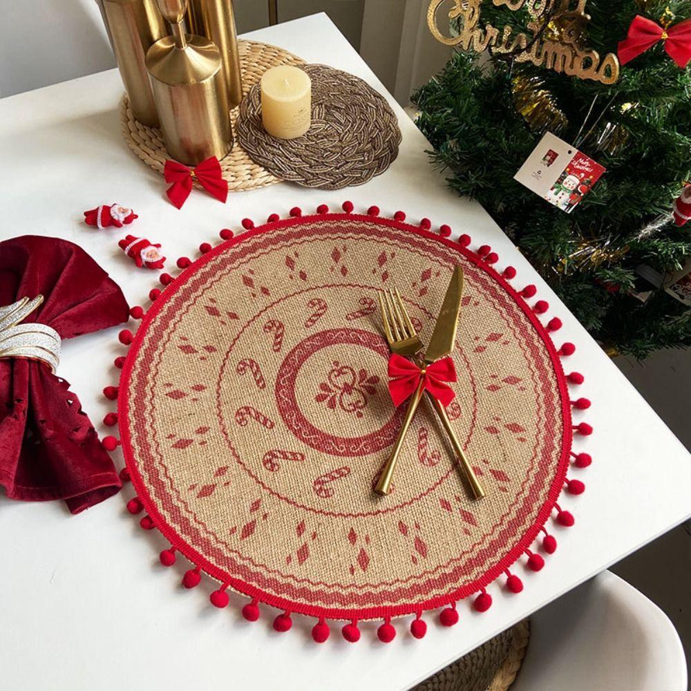 Round Tableware Mat Jute Coaster Santa Snowflakes Christmas Placemat  Cups