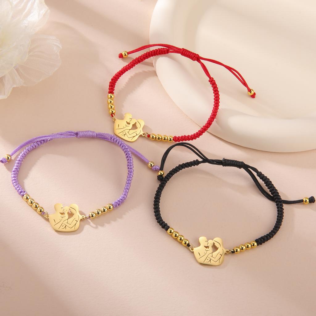 Stainless Steel Gold Color Baby Mom Family Charm Bracelet Red Black Rope Bracelets Fashion Jewelry for Women Mother's Day Gift
