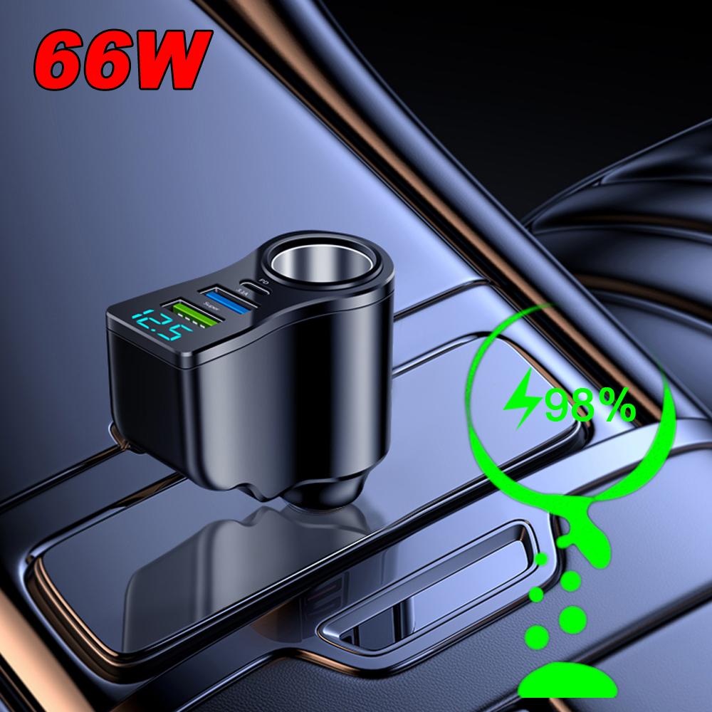 66W Car Cigarette Lighter 4-in-1 Fast Charging USB Type-C Car Charger With Digital Display For iPhone Huawei Sumsung Xiaomi