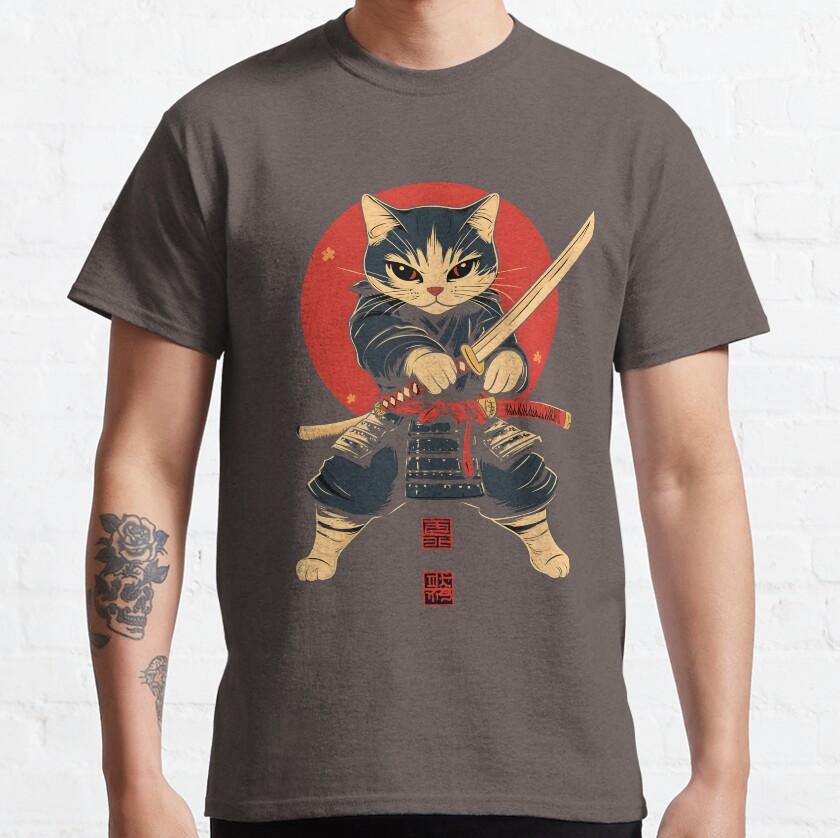 Vintage Samurai Cat Japan Japanese Anime Martial Arts Warrior Character  cartoon sword anime TShirt plus size printed clothing S