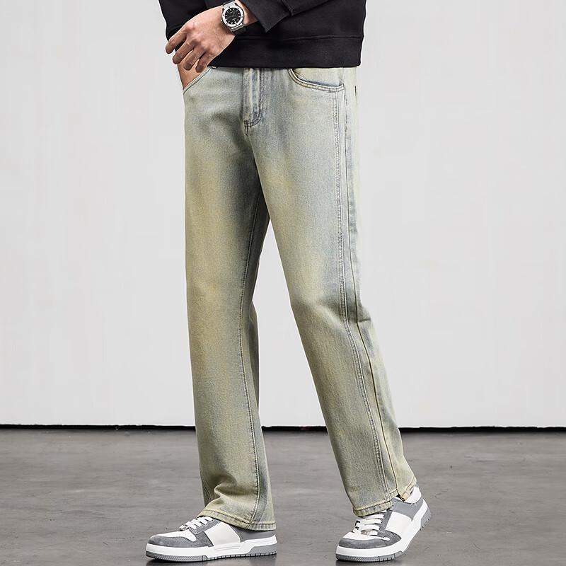 FAPAI Men's Washed Straight-Leg Cotton Jeans