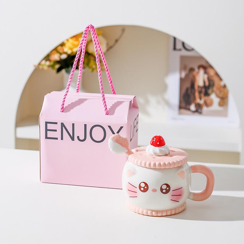 Creative Cute Cartoon Ceramic Mug Pink Girl Heart Gift Cup Water Cup with Lid Spoon Pig Cat Cup