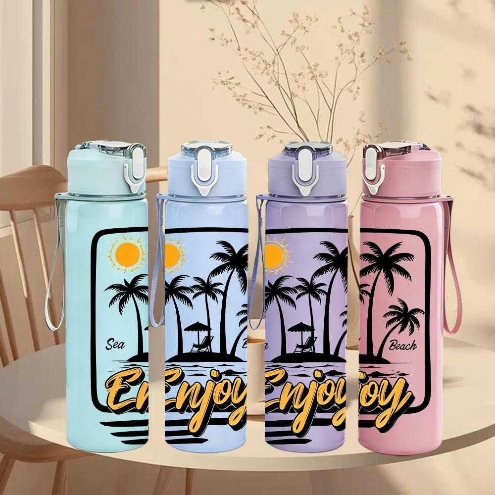 1PC Enjoy Beach Palm Tree 750ml Color Plastic Sports Water Bottle Leakproof Flip Straw Lid Suitable for Sports Office Home Use