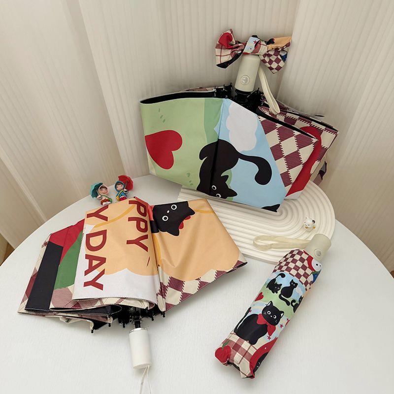 Black Cat roztomilý deštník Černý povlak Voděodolný Plně automatický skládací deštník Slunečný a deštivý deštník Studentský UV ochrana