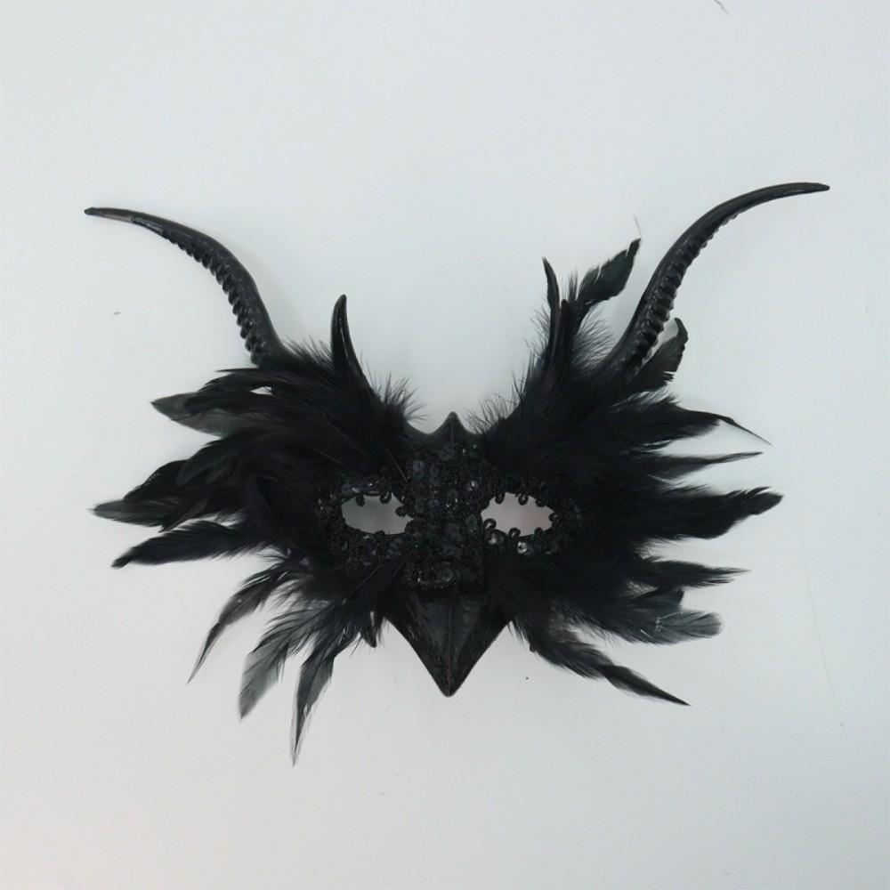 Vintage Style Half-Face Mask Angel Feather Black Feather Masquerade Mask Large Horn Gothic Design Eye Mask Ball Performance