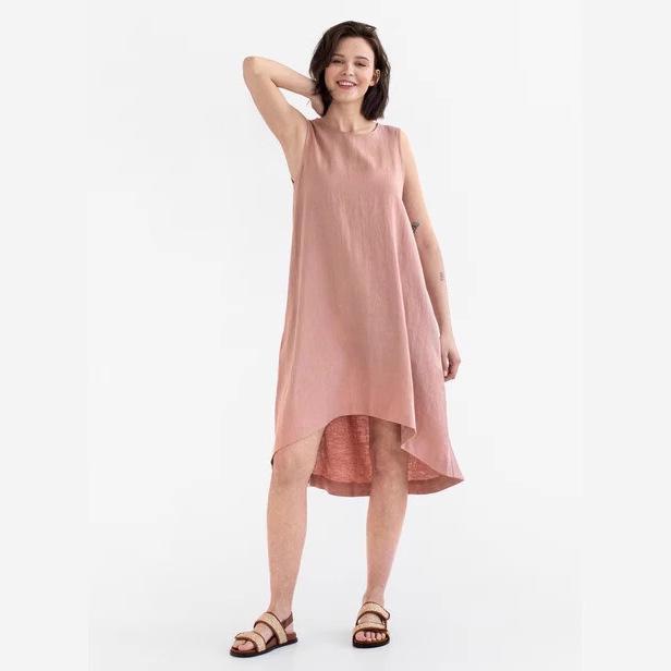 Summer Cotton Linen Solid Color Sleeveless Irregular Round Neck Long Dress