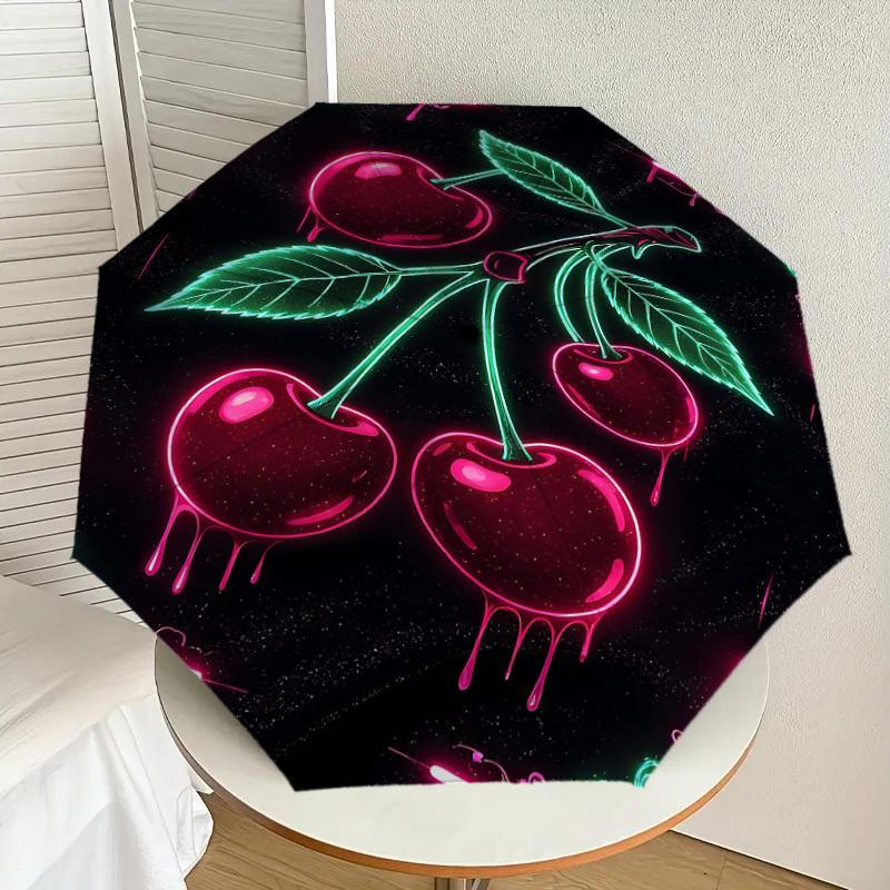 1pc Cherries Neon Automatic Open/Close Umbrella Compact Folding Umbrella with 8-Rib Shaft for Women/Men, Elegant Birthday1180S