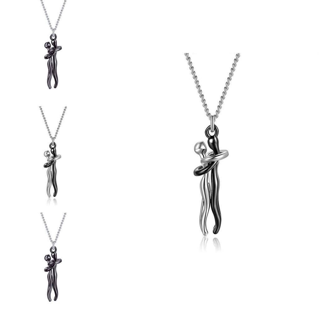 Romantic Couple Embrace Necklace Geometric Design 925 Silver Pendant Necklace