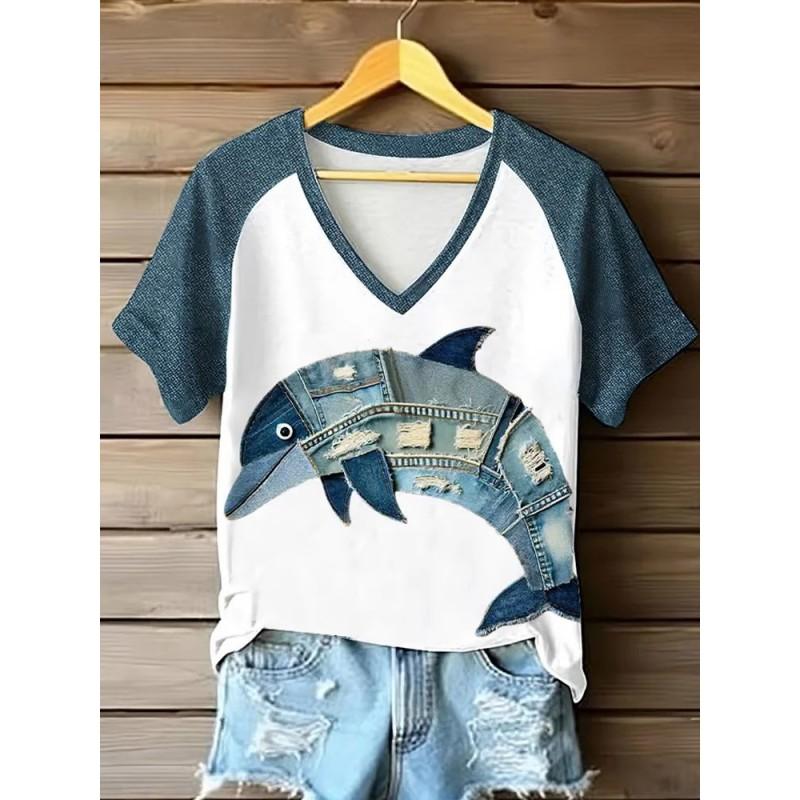 Womens V-Neck Short Sleeve T-Shirt With Leopard Print 3D Effect Colorful Ink Loose Fit Casual Office Wear