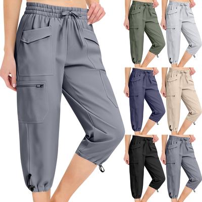 Pantaloni Casual Elastici cu Talie Înaltă 3/4 pentru Femei, Croială Relaxată, Pantaloni Capris Lărgi cu Buzunare