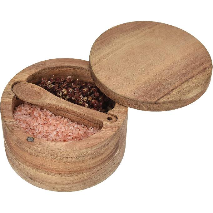 Acacia Wood Salt and Pepper Cellar with Swivel Magnetic Lid Serving Spoon inside 2-Compartment for Storing Salt,Herbs,Spices
