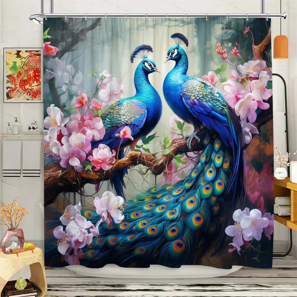 Peacock Shower Curtain Tropical Plant Flower Leaf Landscape Vintage Oil Painting Elegant Polyester Fabric Bathroom Decor Curta