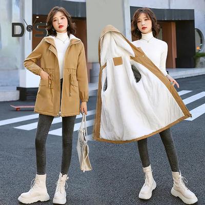 Fall Winter Women Coat Hooded Thick Plush Solid Color Pockets Warm Zipper Closure Long Sleeve Cardigan Loose Mid Length Cozy Lady Jacket Trench Coat