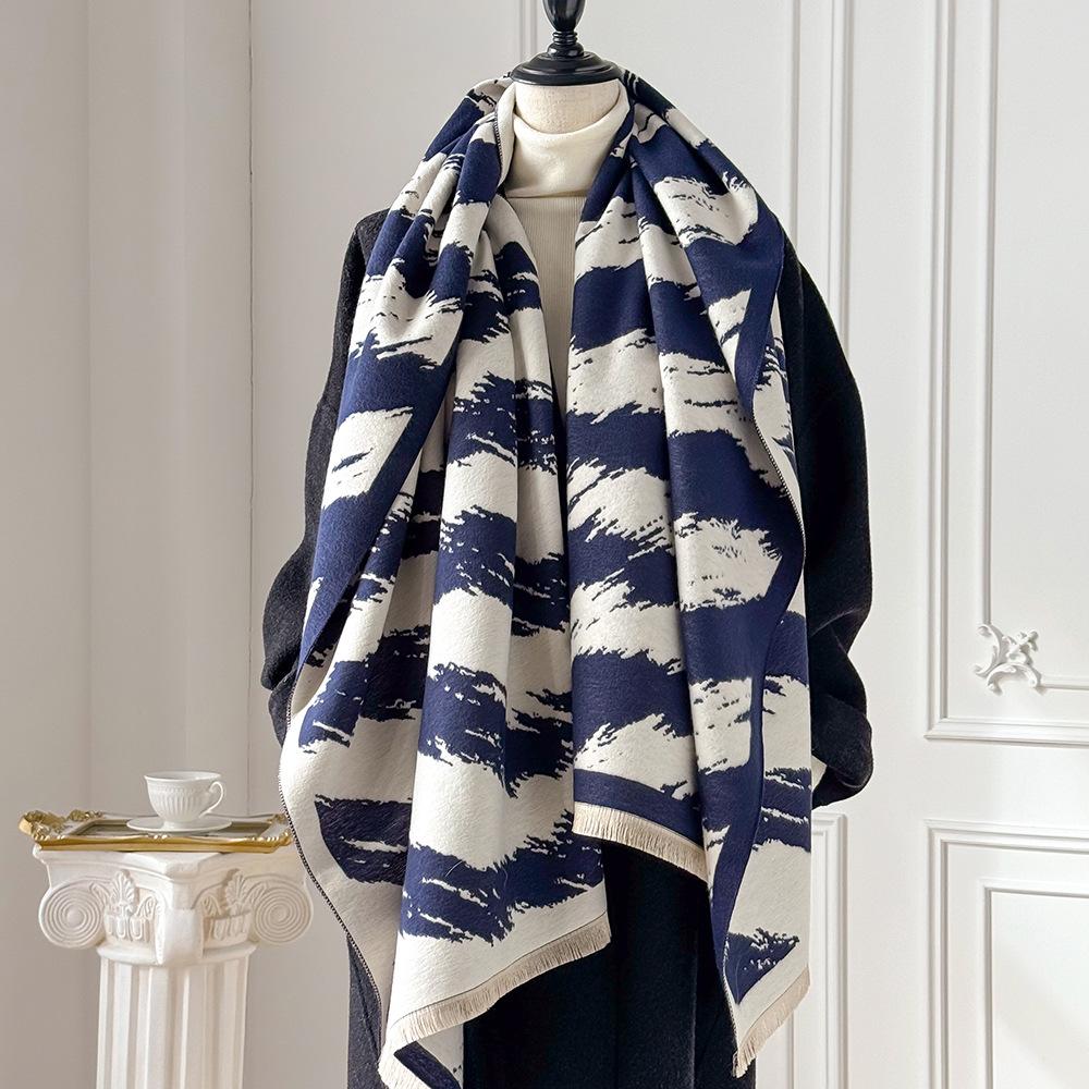 Black and White Striped Shawl, Double-sided Imitation Cashmere Scarf, Elegant Temperament Cloak, Thickened Thermal Air-conditioned Room Blanket