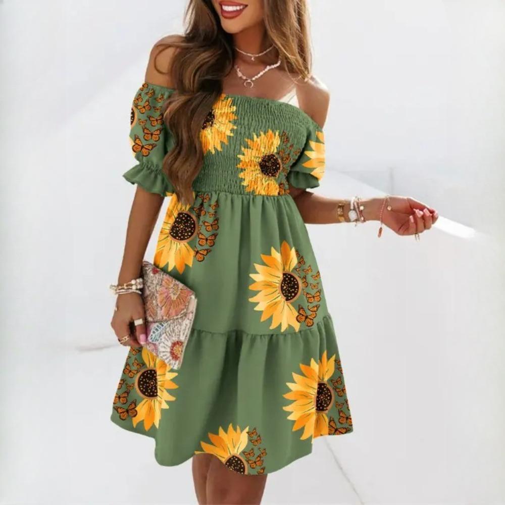 BITCED Women's Short Sleeve One Neck Waist Ruched Printed Dress