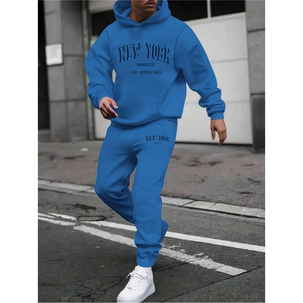 Men's Autumn and Winter Casual Fashion Two-piece Set, Hooded Long Sleeved Sweatshirt and Pants with New York Embossed Print