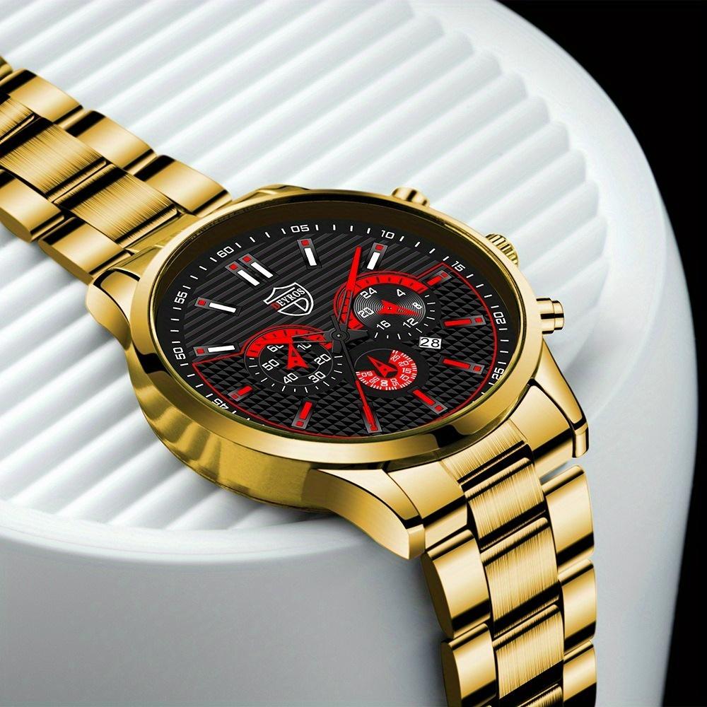DEYROS Fashion Men's Calendar Steel Strap Watch Men's Casual Fake Three Eyes Quartz Wristwatch, Best Choice for Men's Gifts