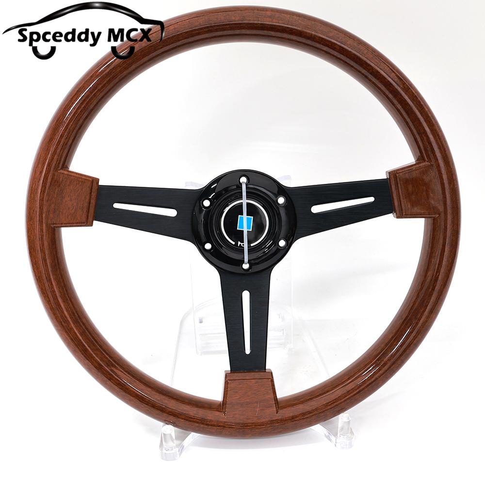 Classic Wood 14inch 350mm Flat Car Steering Wheel Sport ABS Retro Modified Steering Wheel Wood Grain Look Black Silver