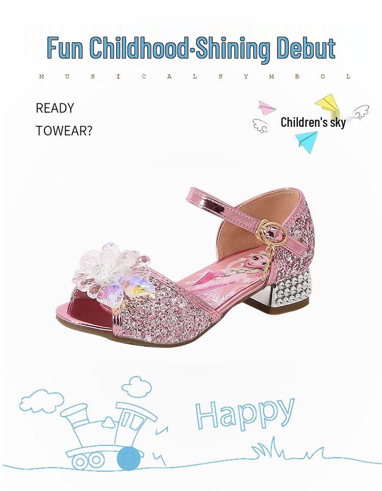 Girls' Crystal High-Heeled Sandals - Elsa Princess Style for Summer 2024
