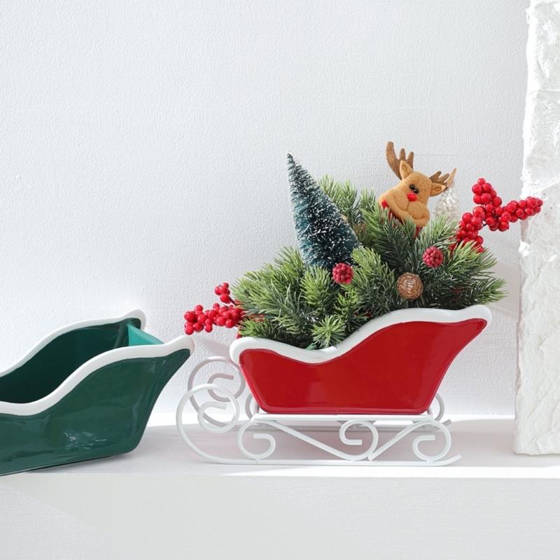 Ceramic Sleigh Flowerpot Decorative Christmas Decoration Entryway Key Holder Tray For Mantels Holiday Table Centerpieces