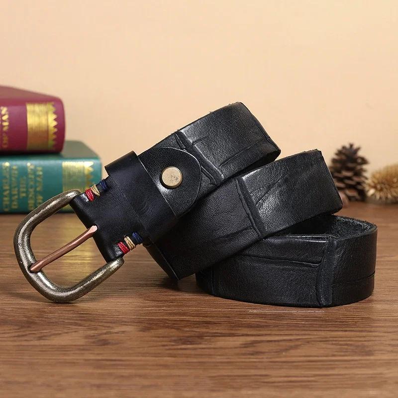 

3.8CM Pure Cowhide High Quality Genuine Leather Belts for Men Brand Strap Male Brass Buckle Korean Version Jeans Cowboy Cintos 125cm чёрный