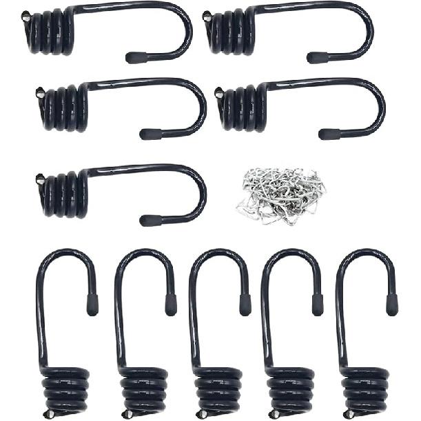 10Pcs Bungee Cord Hooks Spiral Bungee Hooks Cord Hook Wire Hooks End with 10Pcs Hog Rings for Boating, Camping,Tarps,Elastic Rope Strapping Tape (1/4
