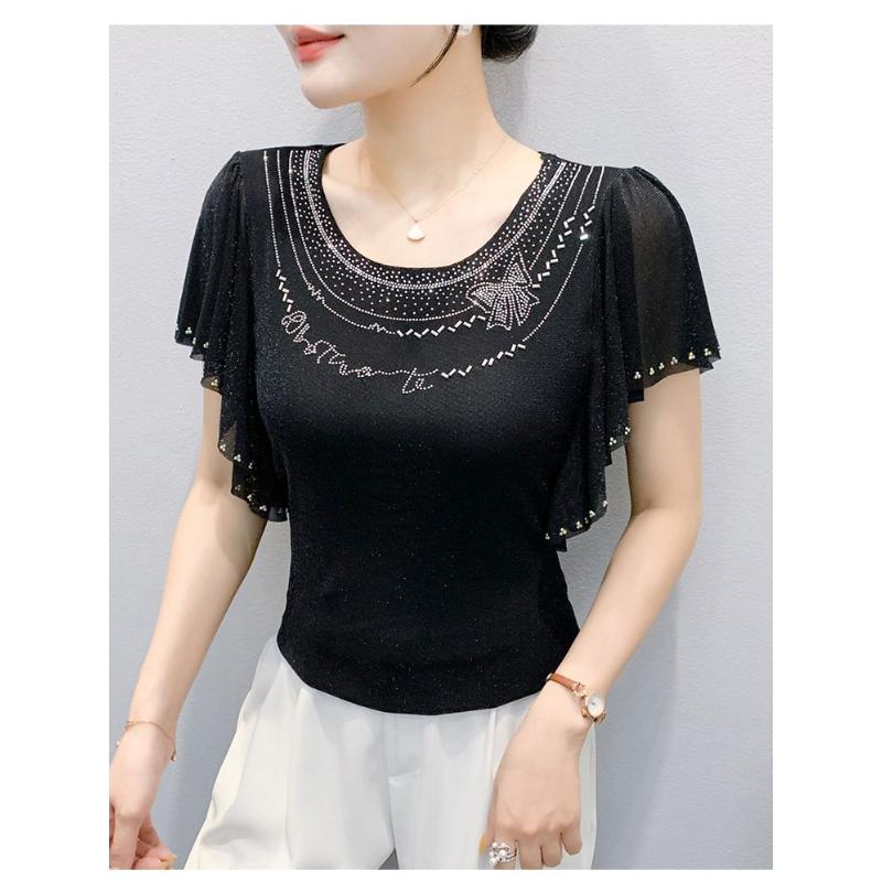Summer New Design Fashion Unique Necklace Flower Shaped Hot Diamond Round Neck Mesh Versatile All Match Women's Elegant Top