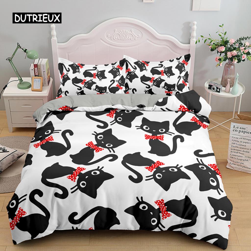 Cat Duvet Cover Set Digital Different Color Cartoon Cute Cat Bedding Set Bedclothes Double Queen King Size Polyester Qulit Cover