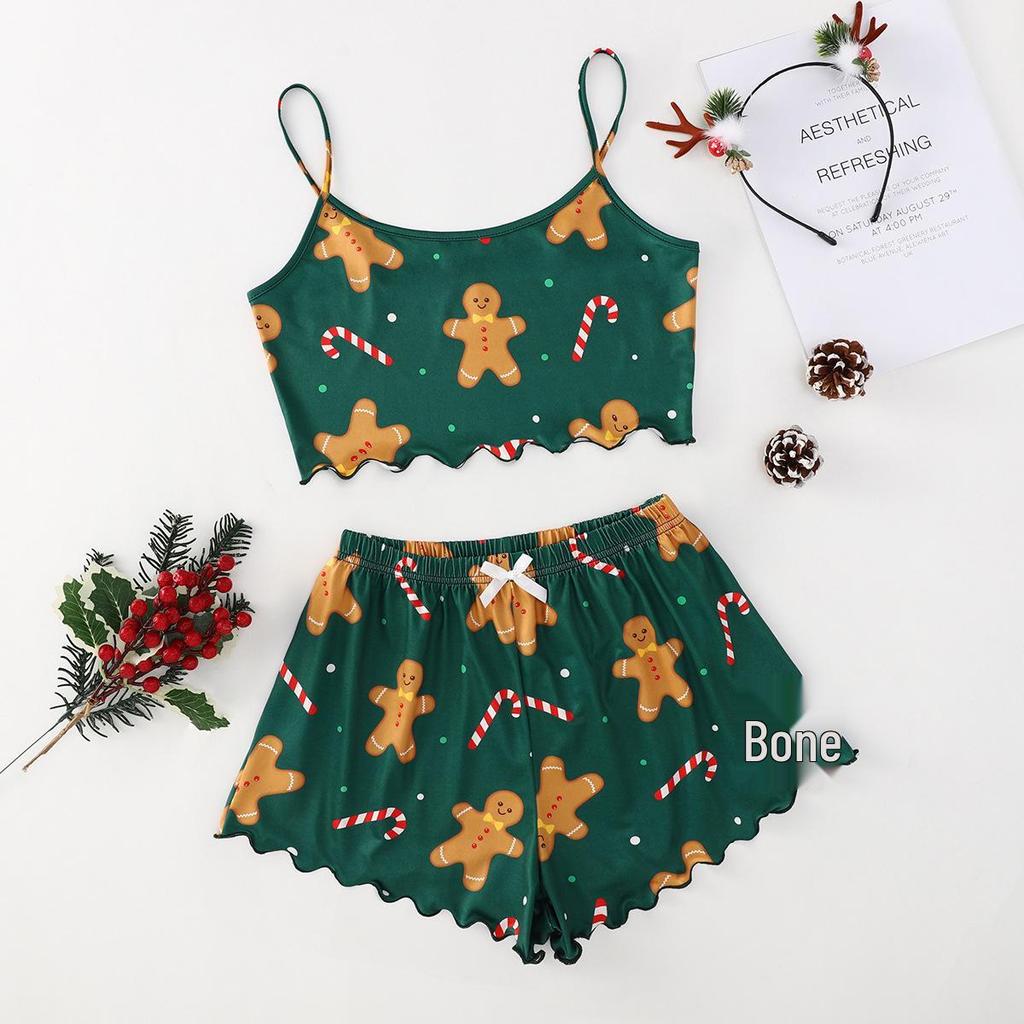 Christmas Style Milk Silk Camisole and Shorts Two-Piece Pajama Set