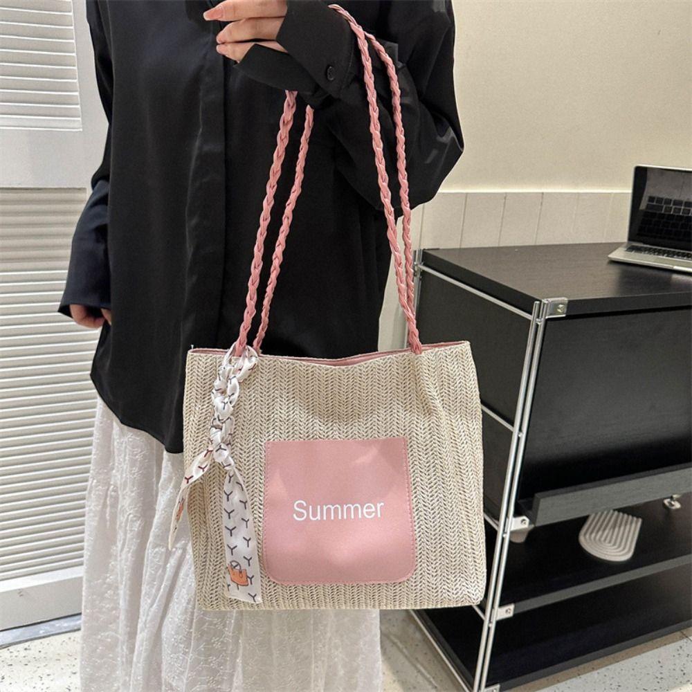 Ribbon Beach Shoulder Bag Balletcore Women Handbag Portable Straw Woven Tote Bag  Travel