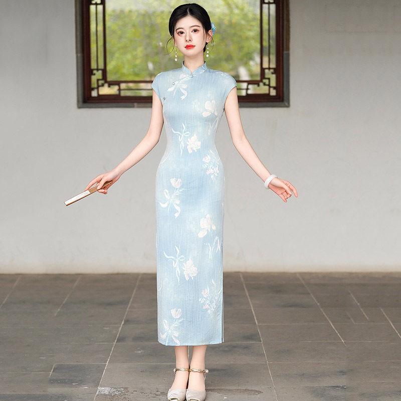 Womens Sleeveless Long Cheongsam Dress 2026 Modern Chinese Style Stand Collar Low Slit Cotton-Linen Blend Small